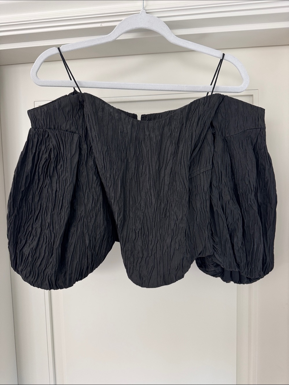Jonathan Simkhai Black Off-Shoulder Crinkle Puff-Sleeve Top